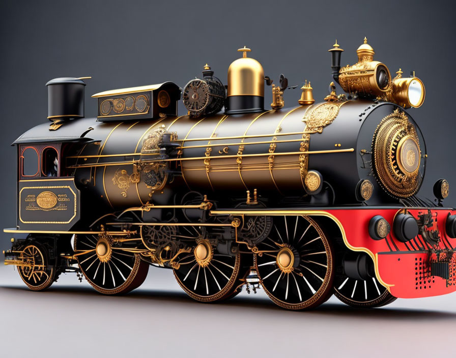 Vintage black and gold steam locomotive with intricate detailing