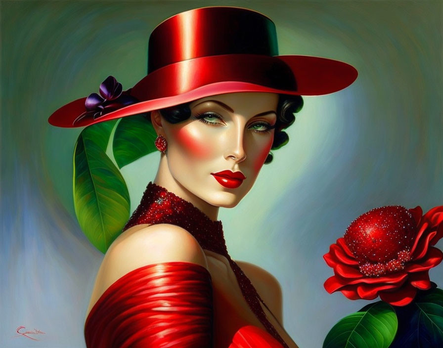 Stylized woman portrait with red hat, gloves, and lipstick on green leaf and red flower background