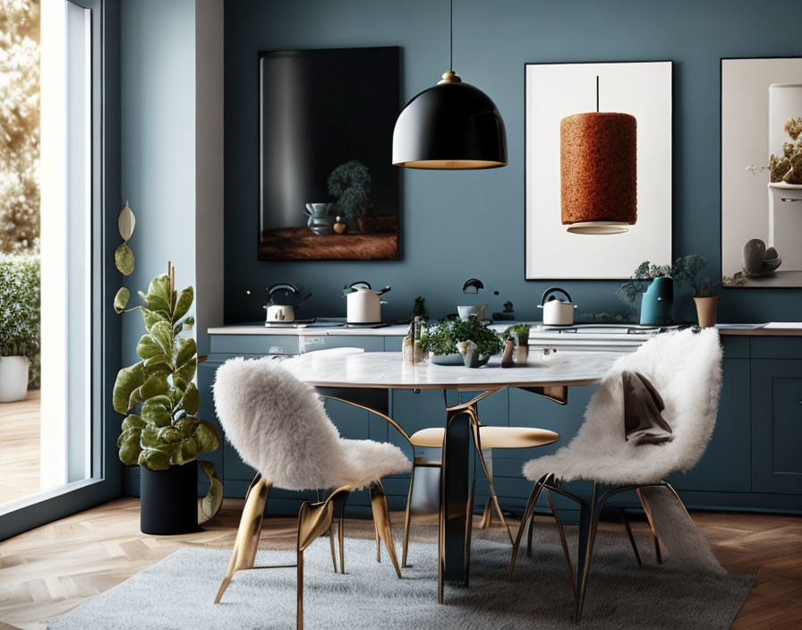 Modern white dining room with navy blue cabinetry and chic furry chairs