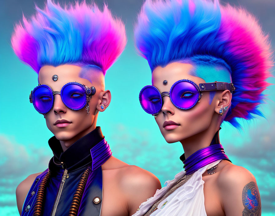 Vibrant Blue and Pink Mohawks with Futuristic Goggles