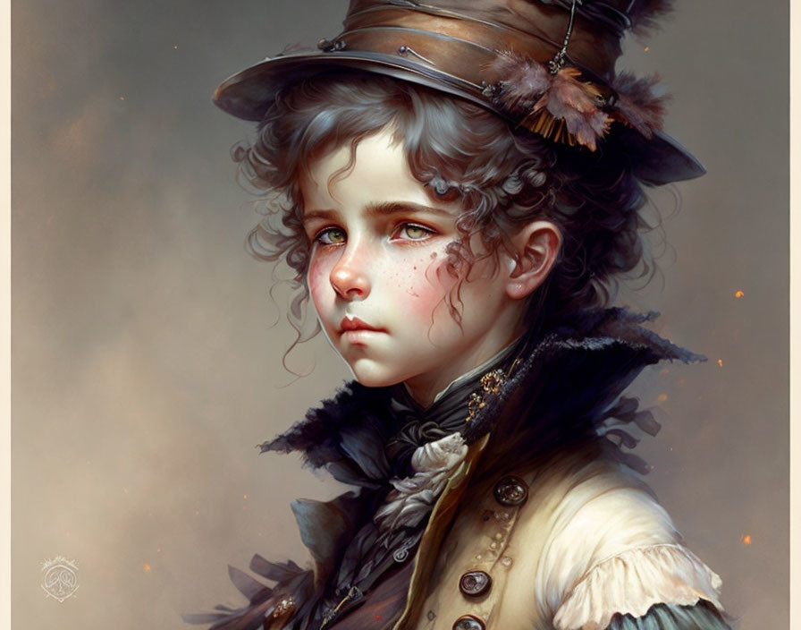 Young person with curly hair in Victorian-style attire and expressive gaze