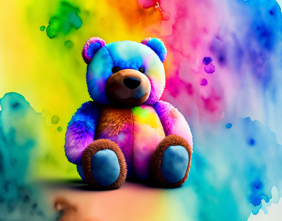 Colorful Rainbow Teddy Bear on Vibrant Watercolor Background