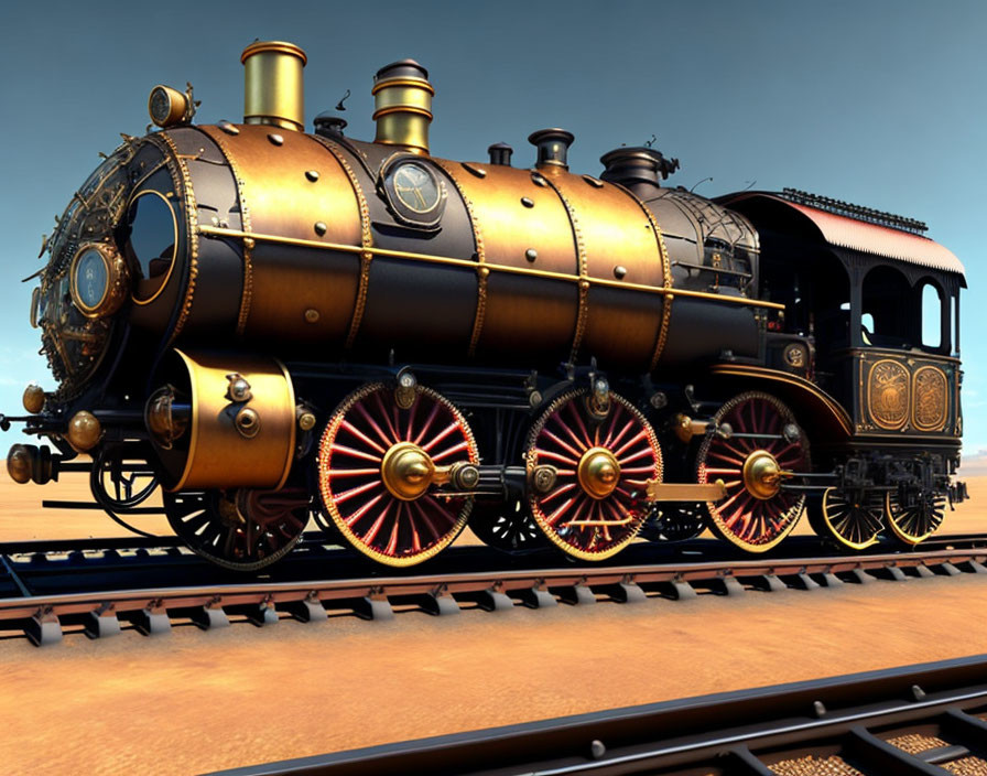 Steampunk-inspired train with brass detailing and crimson wheels in desert setting