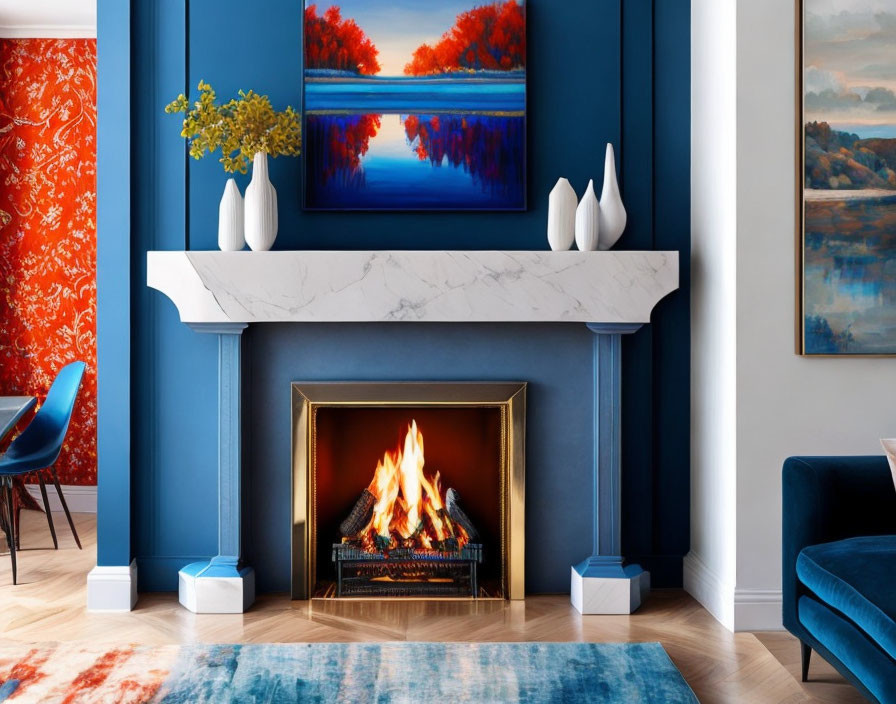 Royal Blue Living Room with White Marble Fireplace and Colorful Artwork