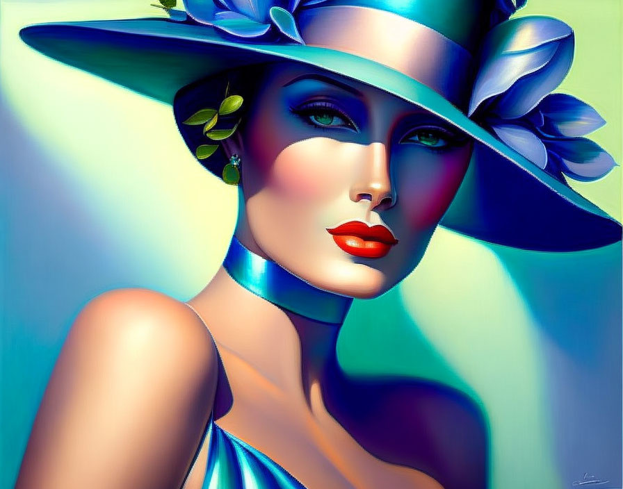 Digital artwork of woman in blue hat with leaves, bold red lipstick, turquoise background