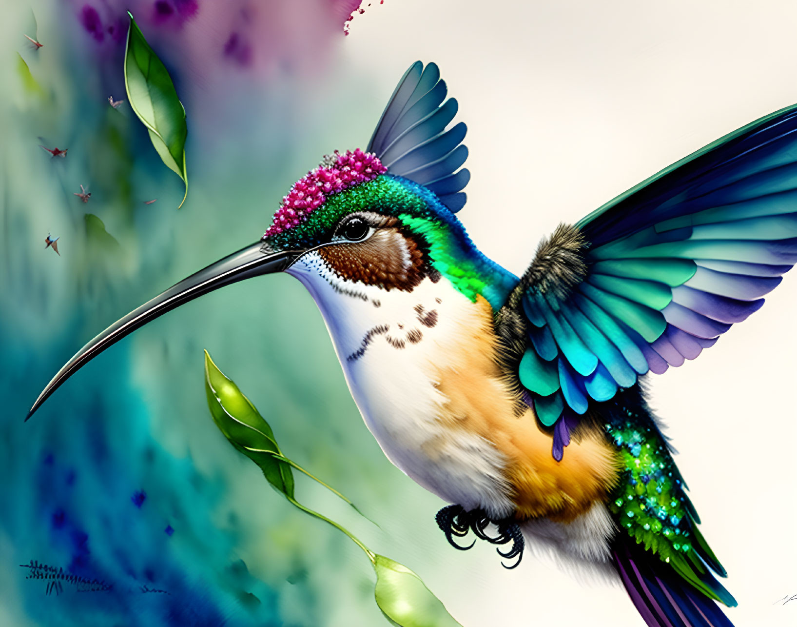 Colorful Hummingbird Illustration with Iridescent Feathers in Flight