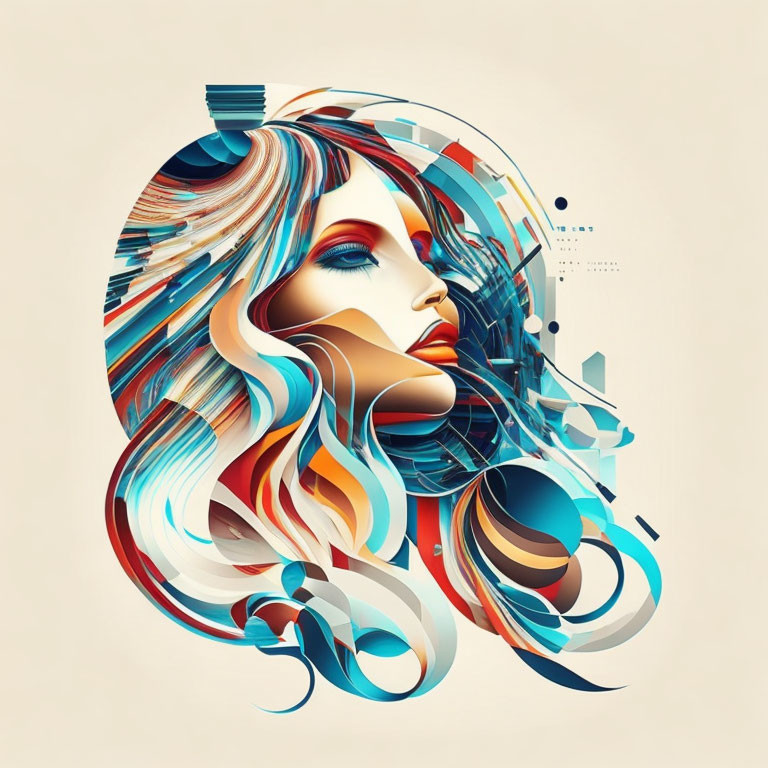 Colorful Abstract Vector Illustration of Woman's Profile with Flowing Hair