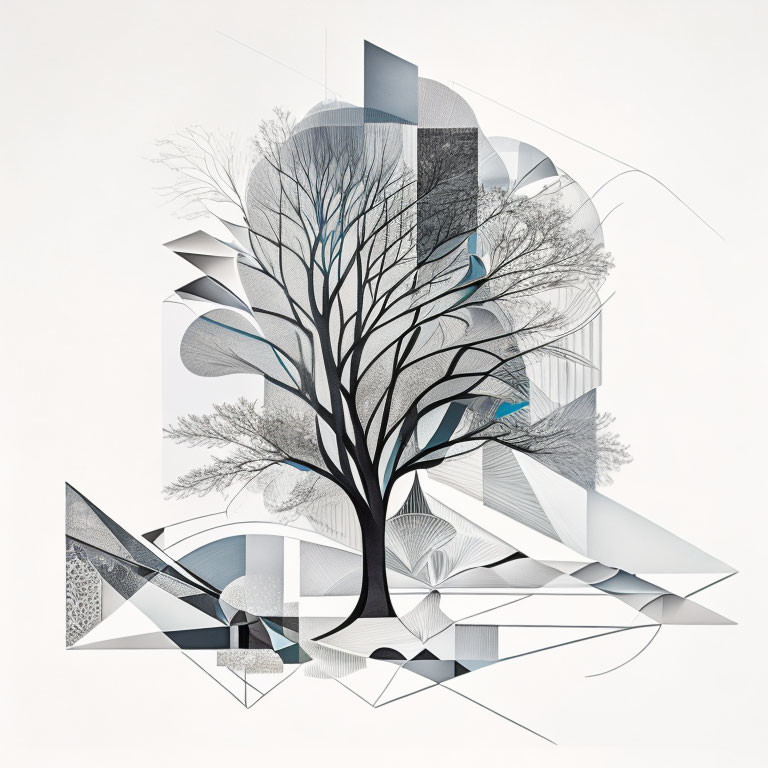 Geometric black tree surrounded by gray shapes and patterns