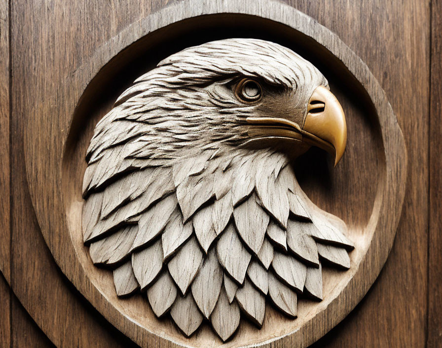 Intricate Wooden Eagle Head Carving on Circular Background