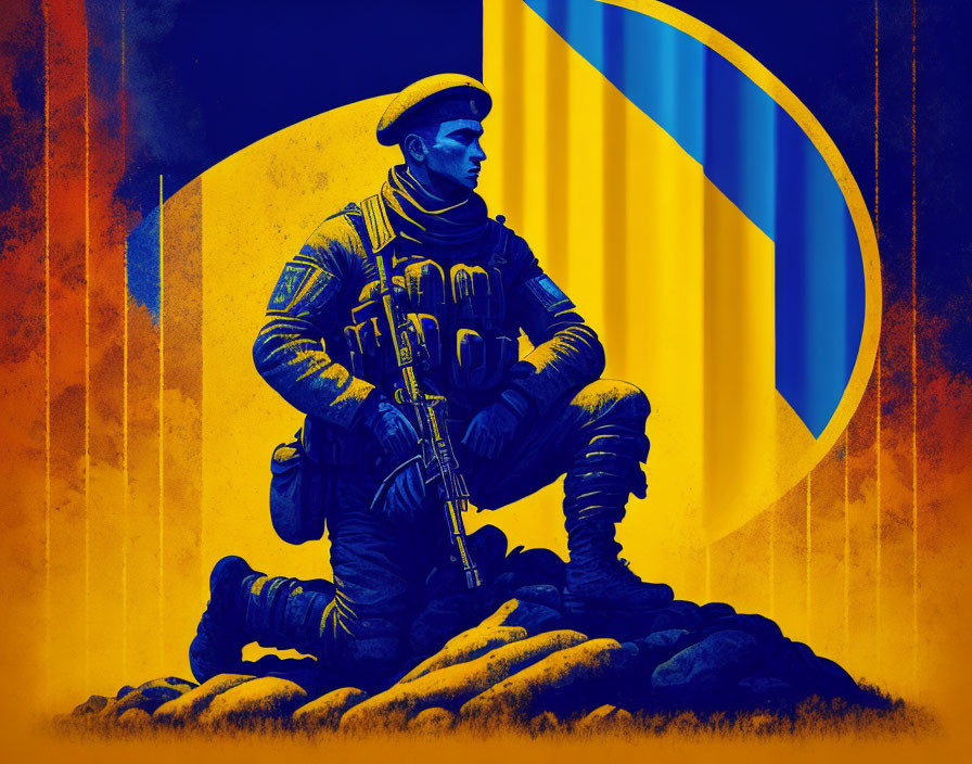 Illustrated soldier in blue tones with rifle against yellow and blue background