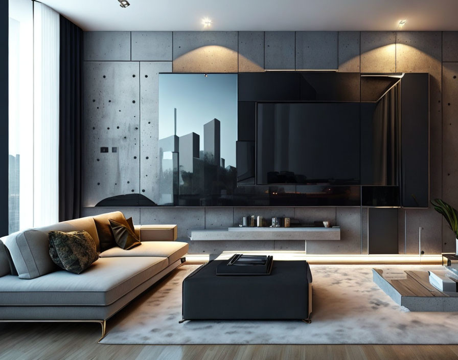 Spacious modern living room with large TV, gray sofa, black cabinets, and ambient lighting