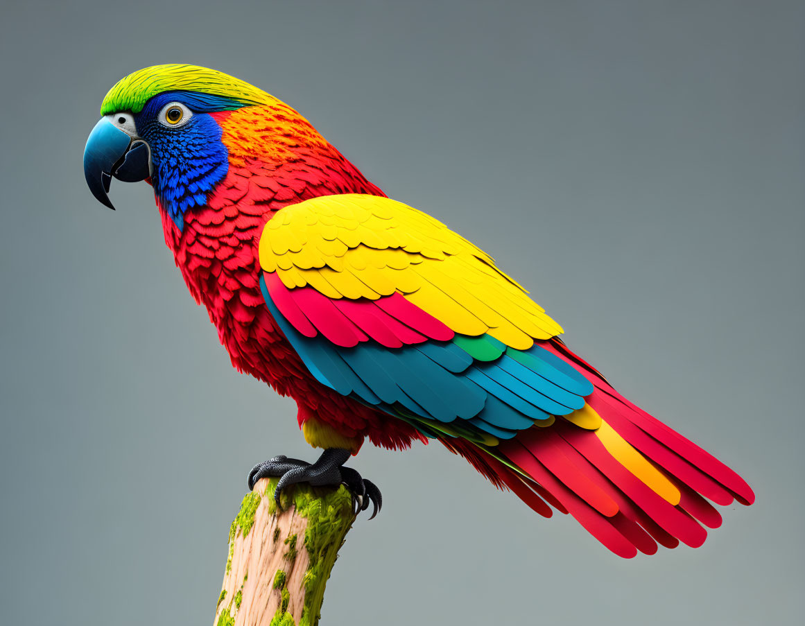 Colorful Macaw Parrot Perched on Wooden Post Against Grey Background