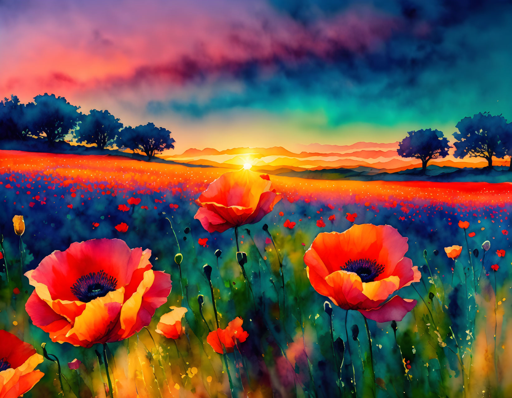 Scenic landscape with red poppies, rolling hills, trees, and dramatic sunset