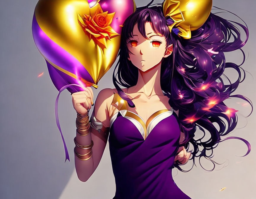 Animated character with long black hair and red eyes holding star-shaped balloon in purple dress.