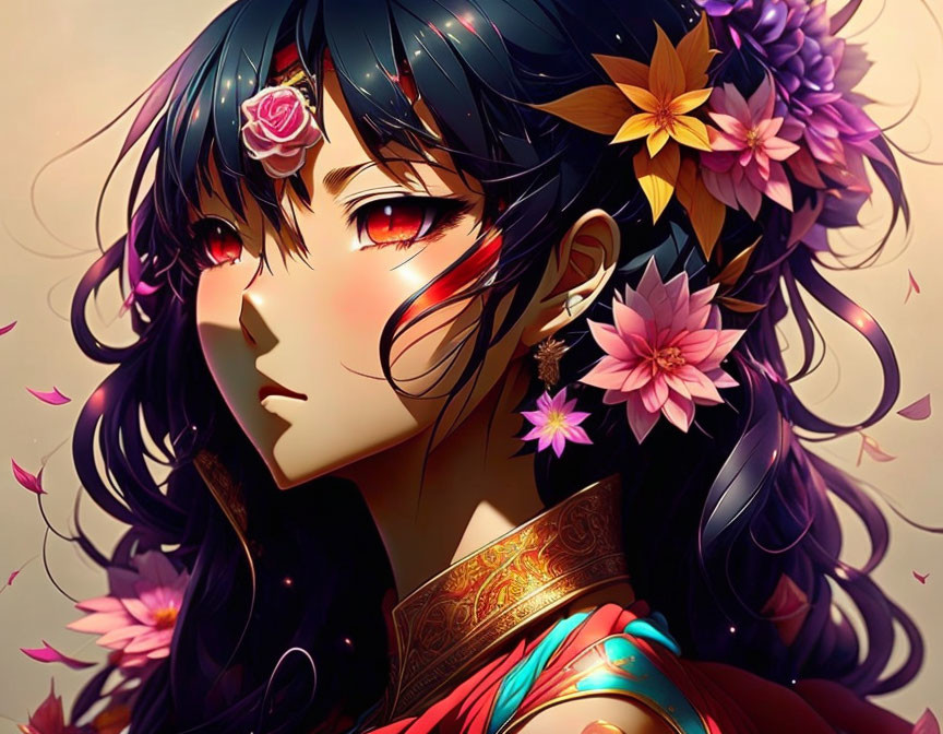 Illustrated female character with black hair, colorful flowers, detailed earring, red eyes, and floating