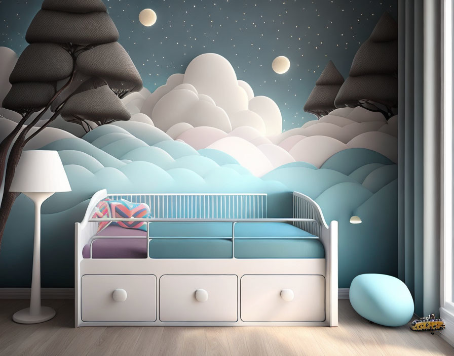 Cloudy wallpaper in whimsical children's room with storage bed, lamp, plush cushion