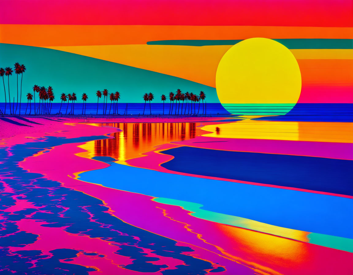 Colorful surreal beach landscape with large sun, palm trees, and striped sky