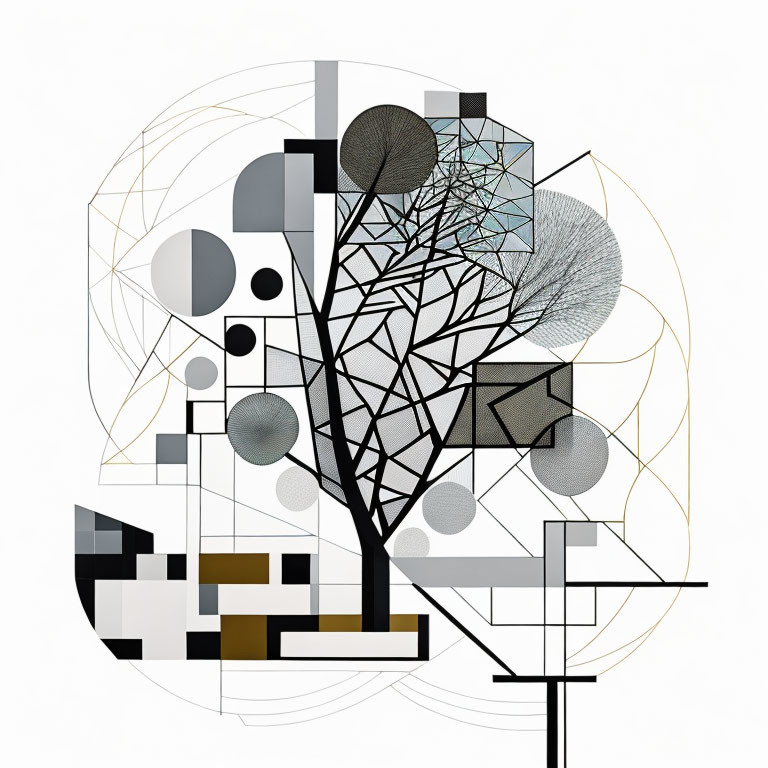 Geometric Composition with Overlapping Shapes and Stylized Tree Elements