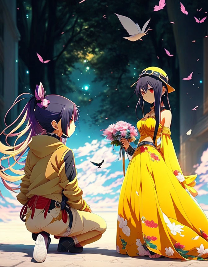 Two girls exchanging flowers under a blossoming tree.