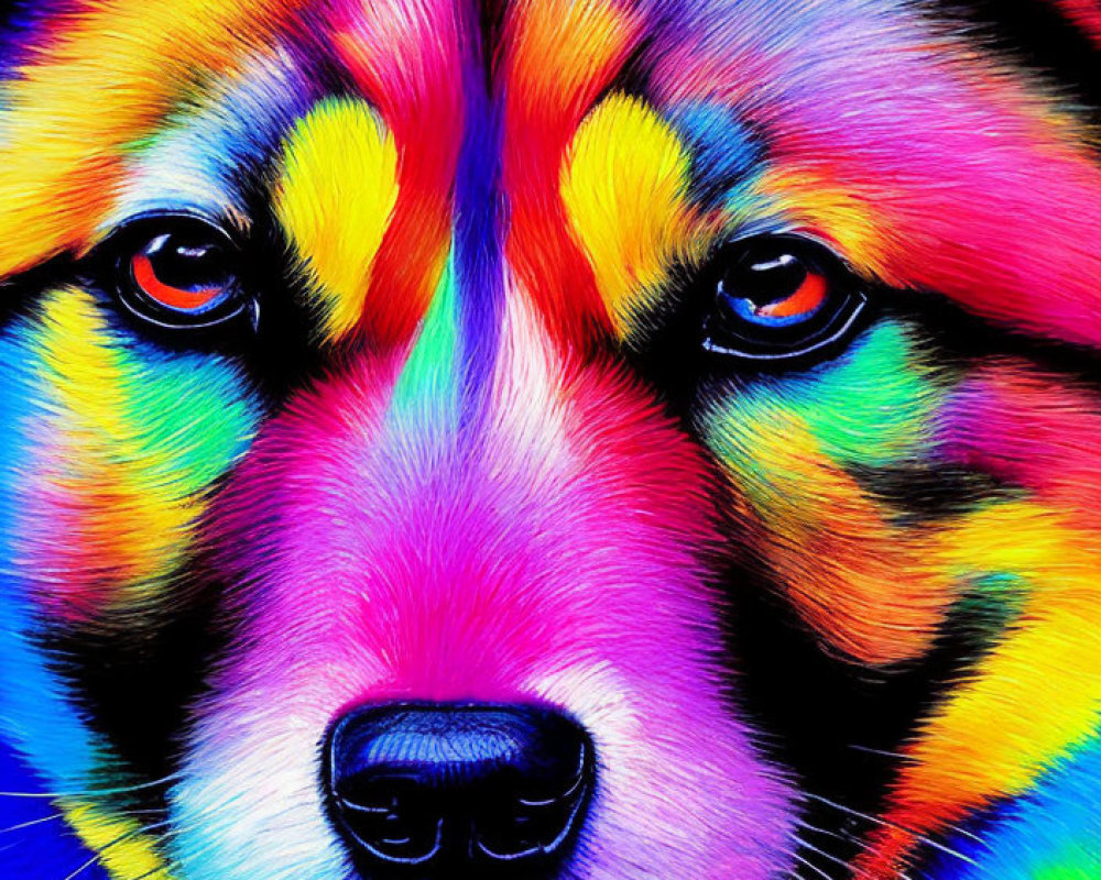 Colorful digital painting of a dog with multicolored fur and red eyes