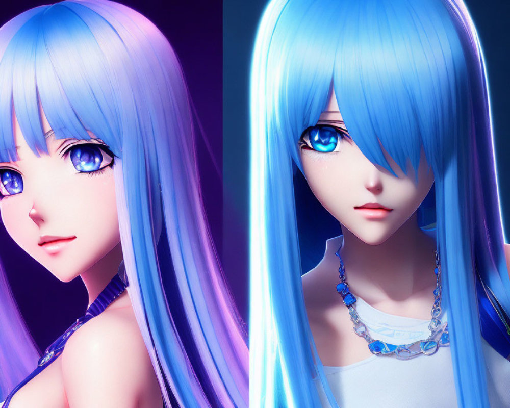 Anime-style character with long blue hair and bright blue eyes split in close-up and medium shot.