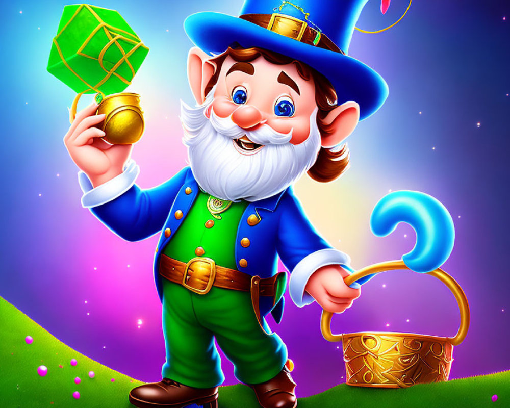 Cheerful cartoon leprechaun holding gem and gold pot against starry backdrop