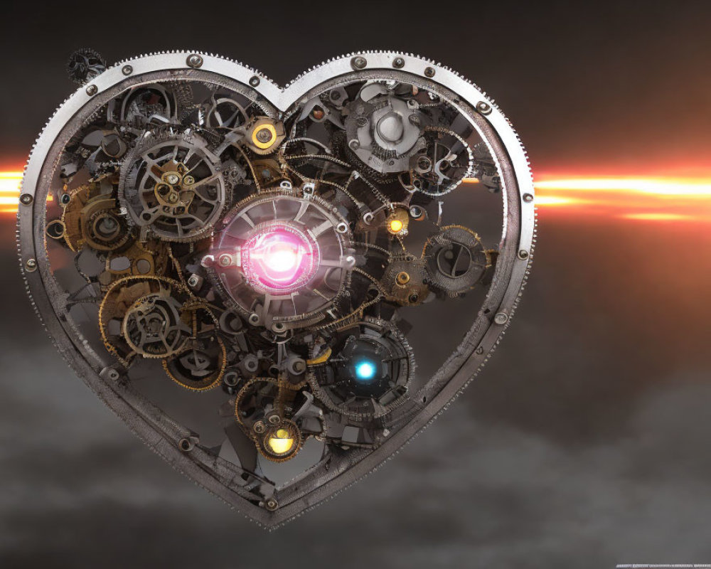 Steampunk-style heart with intricate gears and glowing core on cloudy sunset sky