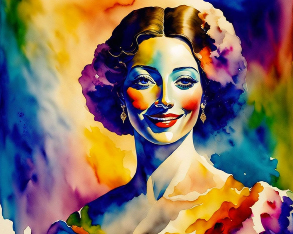 Vibrant watercolor-style portrait of a smiling woman