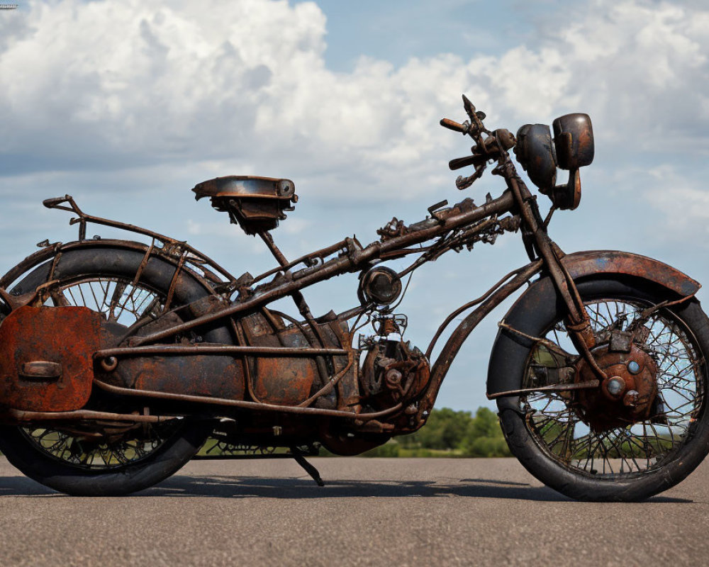 Rusted motorcycle with intact wheels under cloudy sky