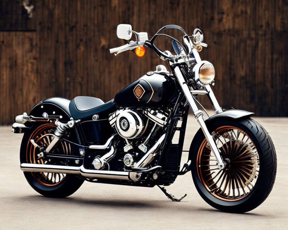 Black Motorcycle with Chrome Accents and Spoke Wheels on Concrete Surface