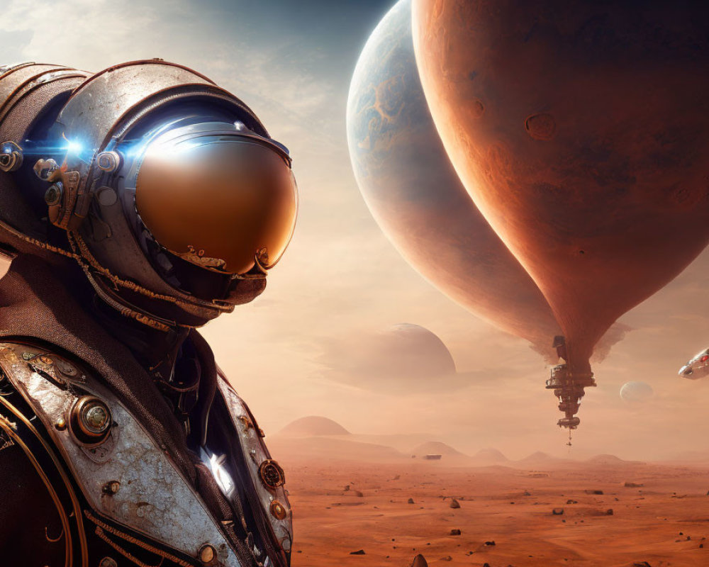 Detailed astronaut suit gazes at hovering spacecraft in alien desert landscape