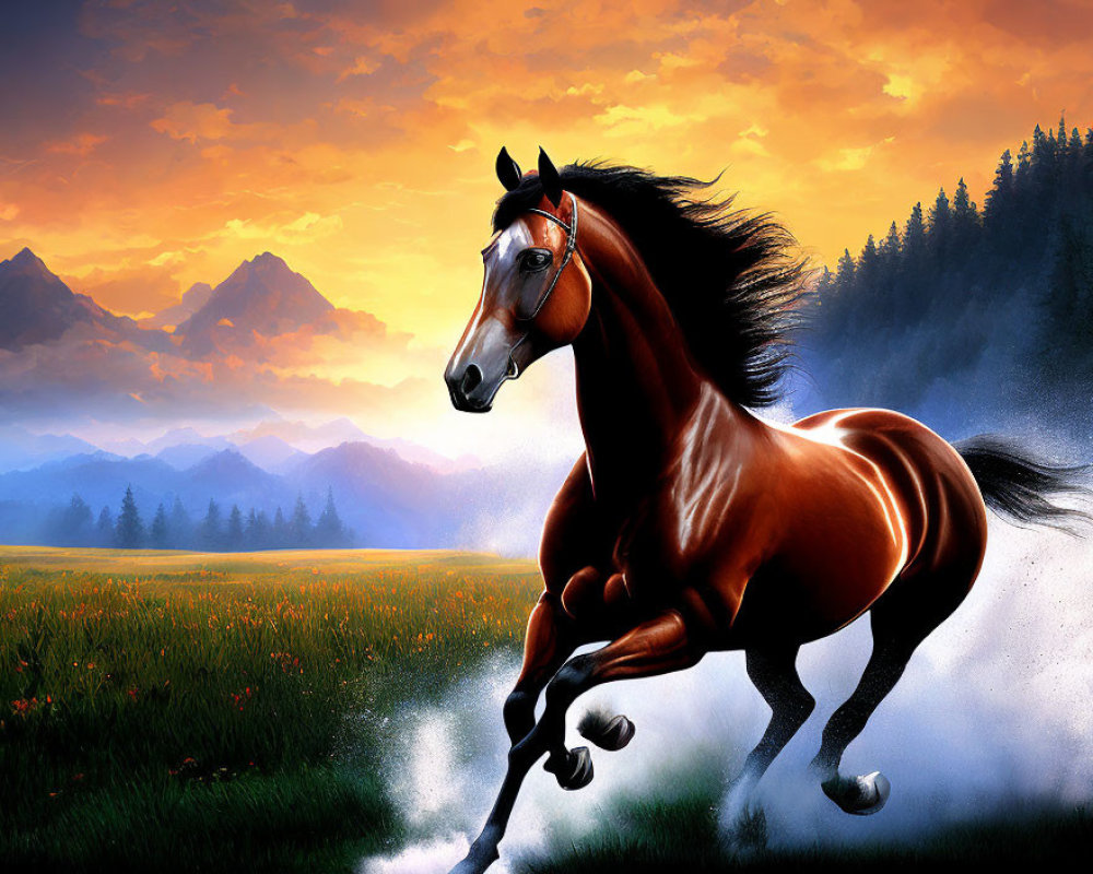 Brown horse galloping in field with orange sunset and mountains