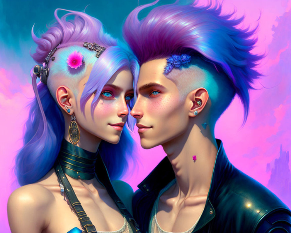 Stylized characters with vibrant hair and futuristic accessories on pink and blue backdrop