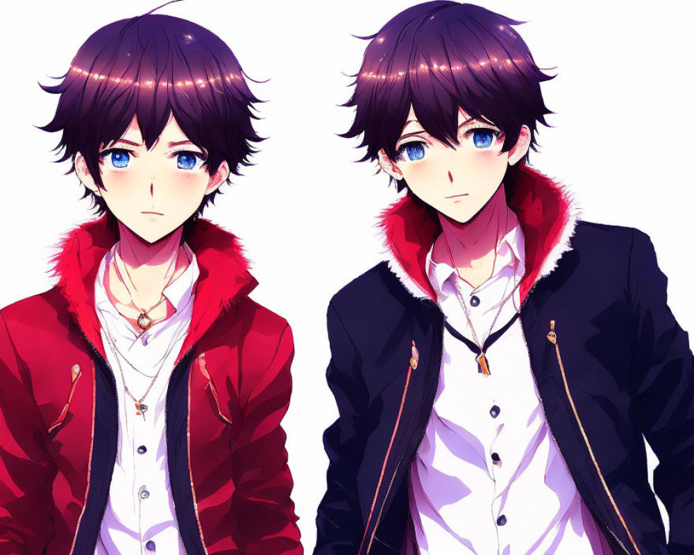 Anime-style male characters with dark hair and blue eyes in red and black jackets.