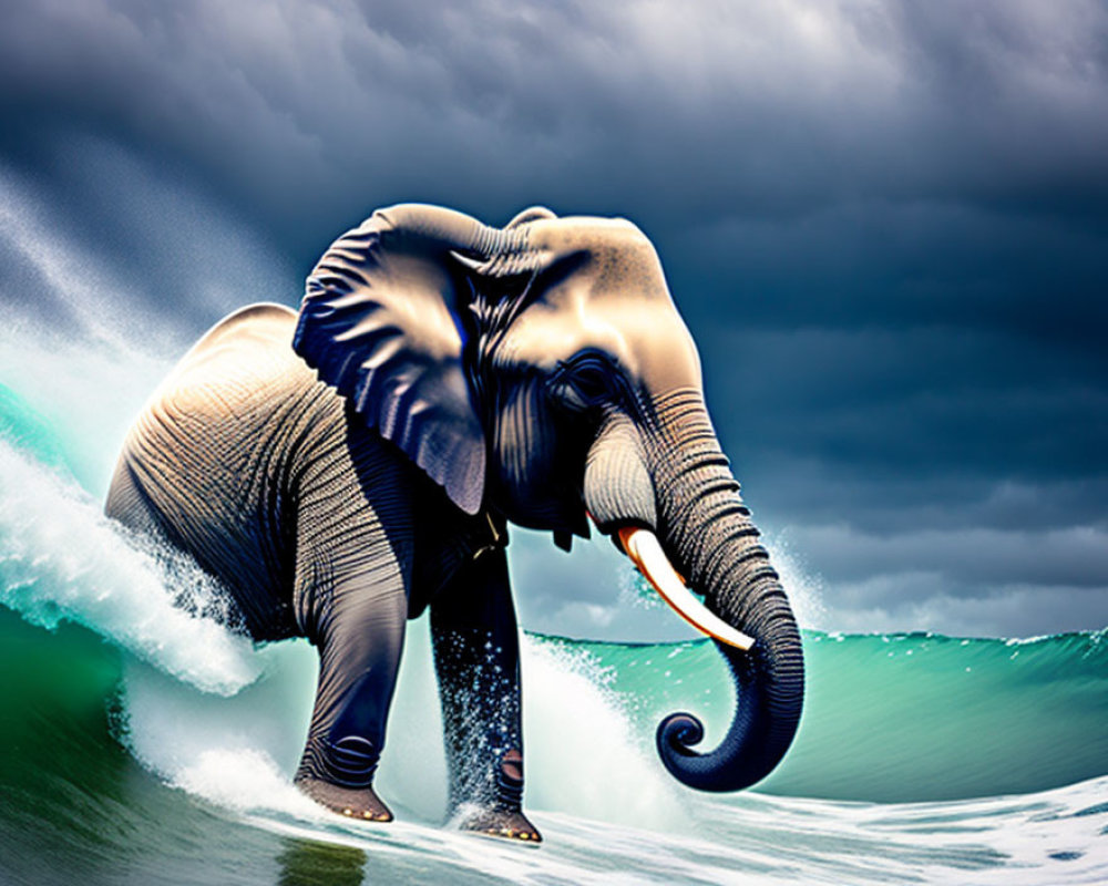 Elephant standing in the sea with curling wave and dramatic sky