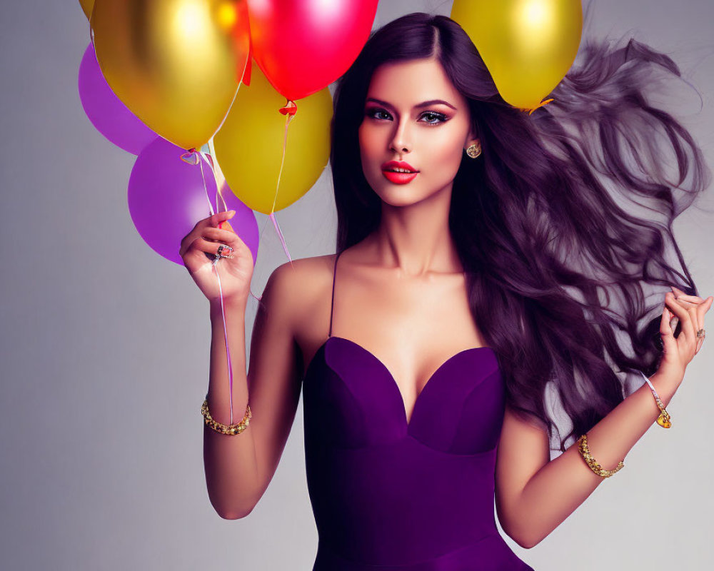 Woman in Purple Dress Holding Colorful Balloons with Flowing Hair