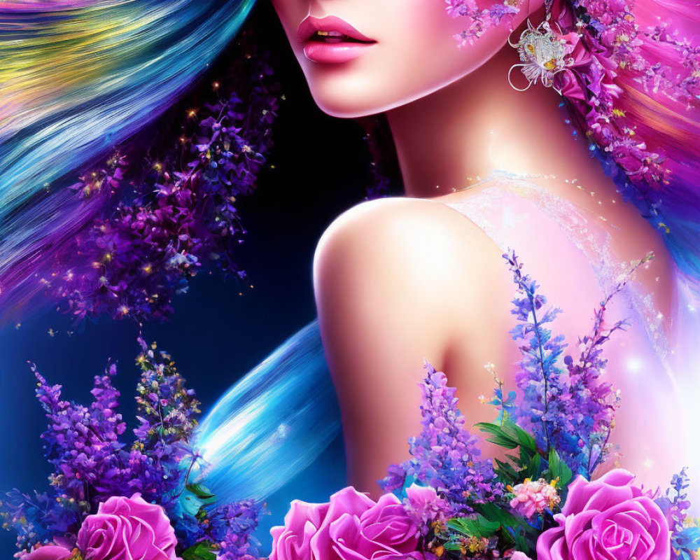 Colorful Woman with Flower Adornments and Cosmic Background