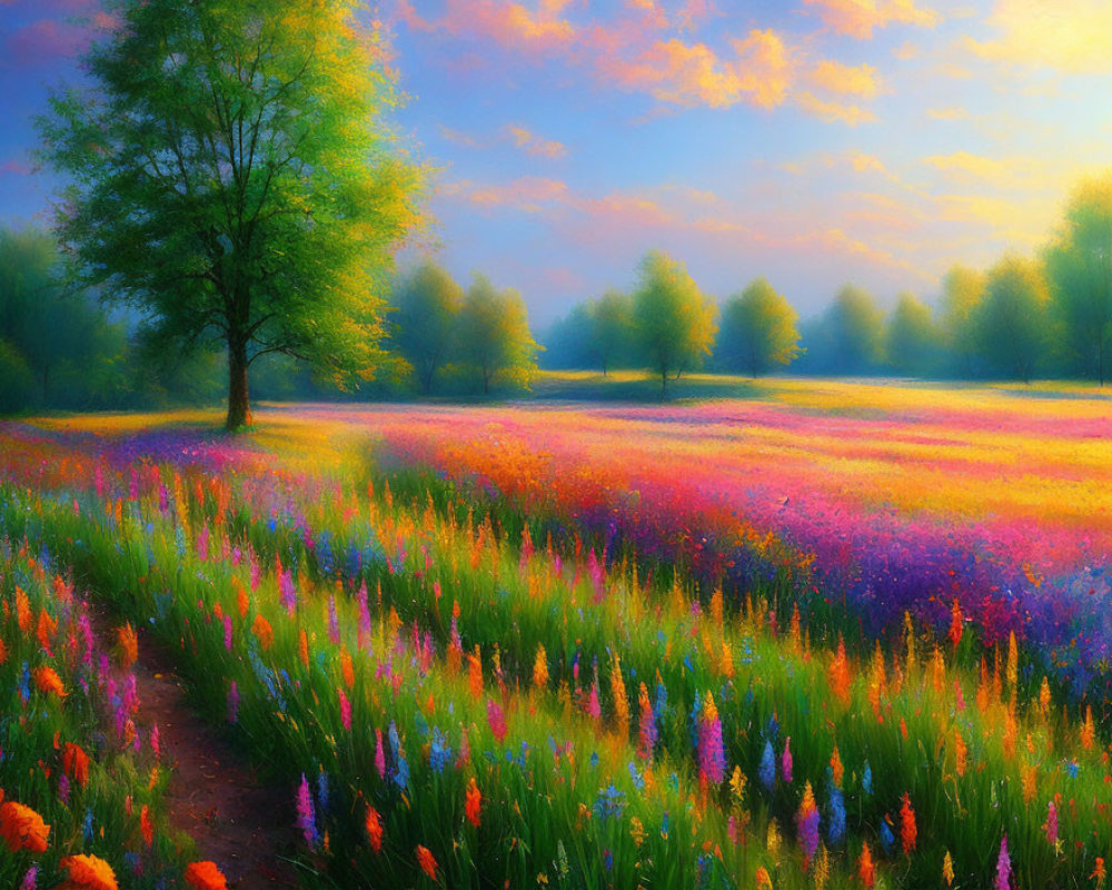 Colorful Wildflower Field with Solitary Tree in Pastel Sky