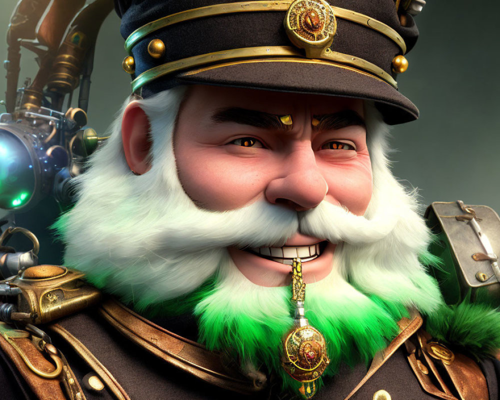 White-bearded animated character in steampunk military uniform with monocle and medallion