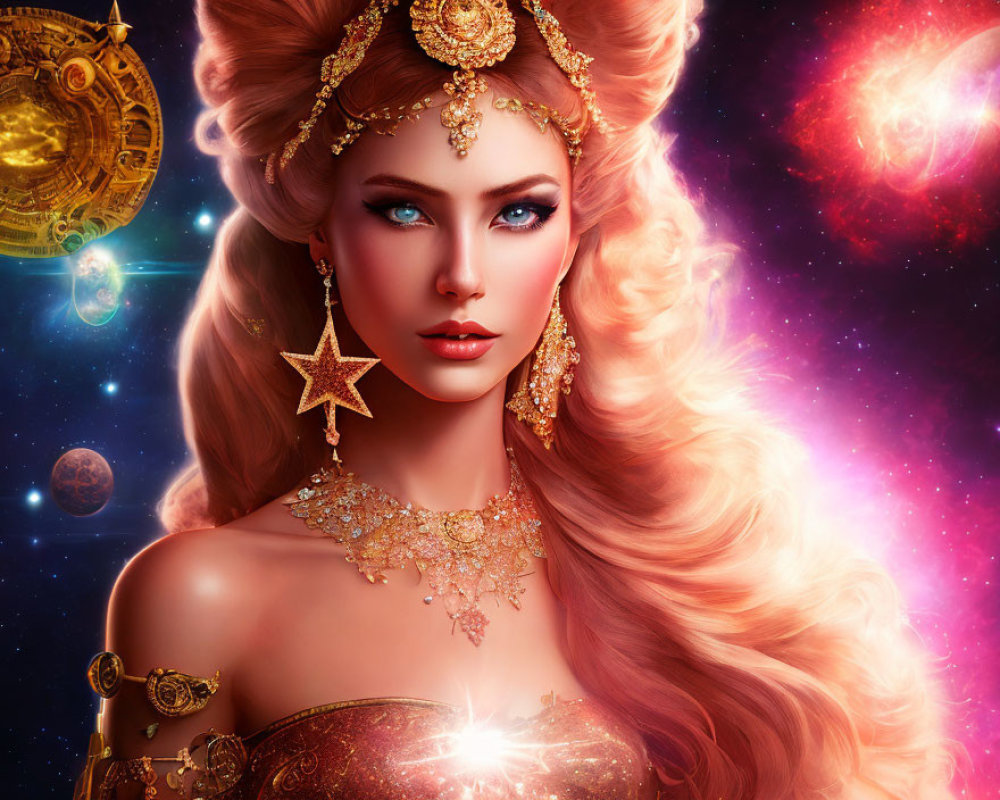 Digital artwork featuring woman with golden jewelry and cosmic background