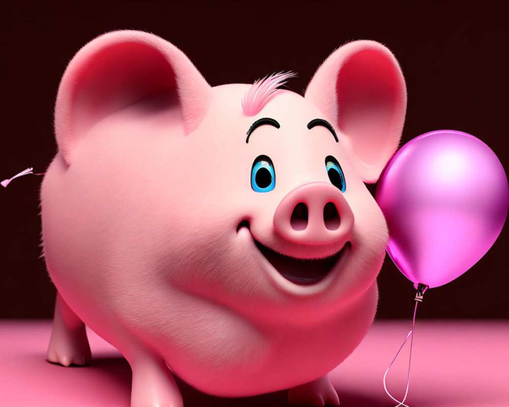 Pink animated pig with purple balloon on brown background