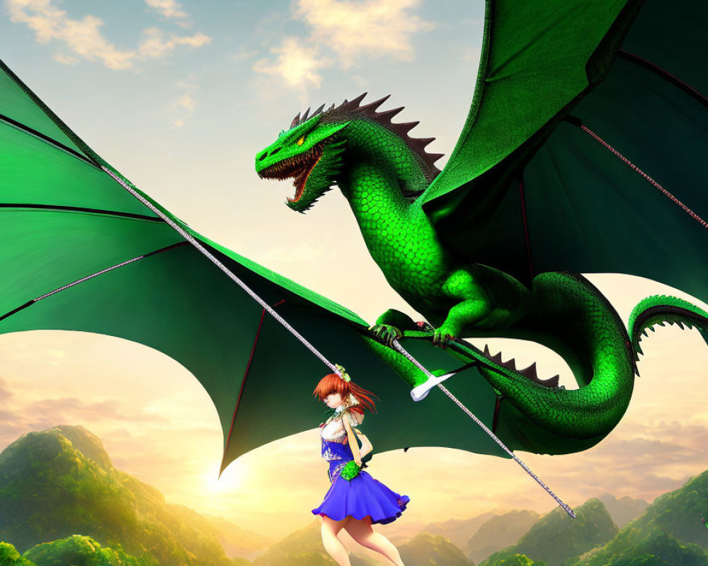 Green Dragon and Girl with Sword on Cliff at Sunset