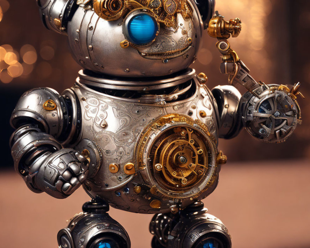 Intricately designed steampunk robot with brass gears and glowing blue eyes