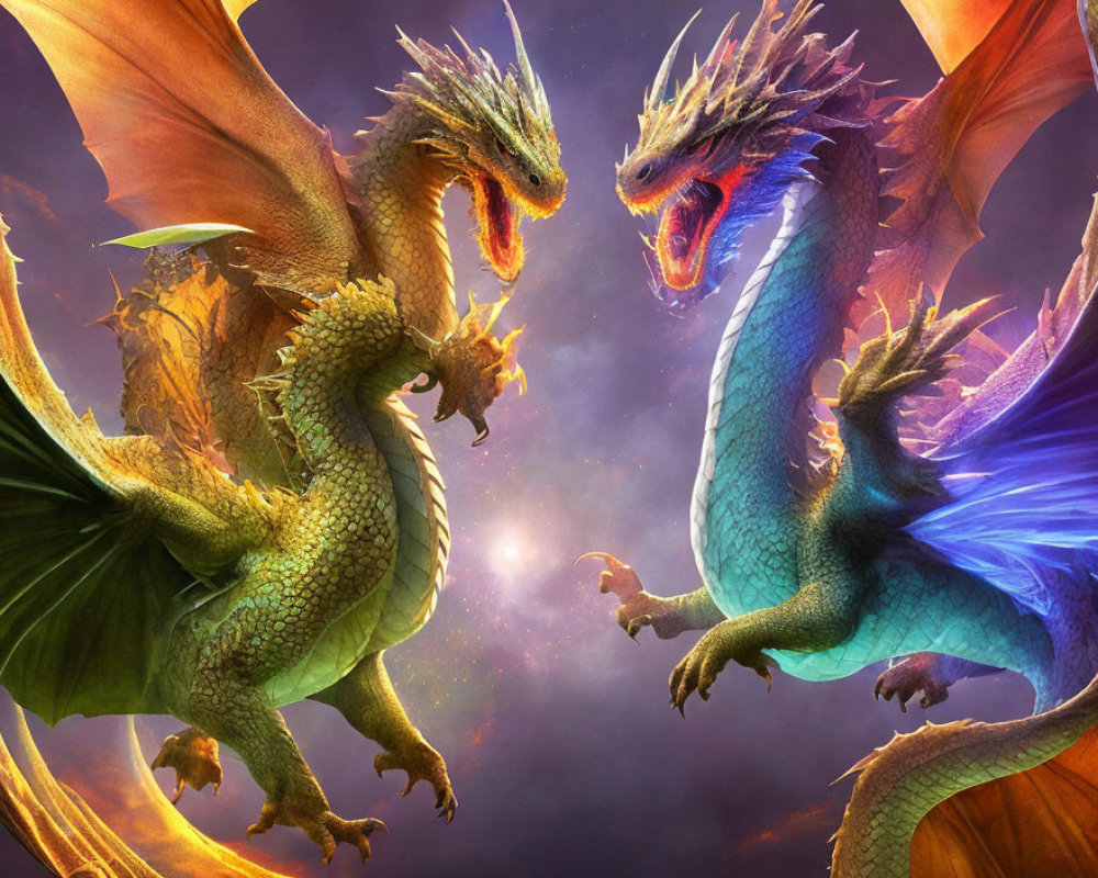 Two colorful dragons clash in cosmic sky with stars.