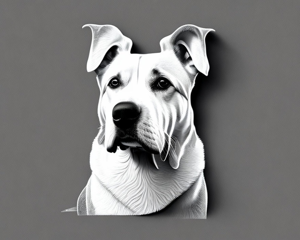 Monochrome digital illustration of a dog with expressive eyes and prominent ears.