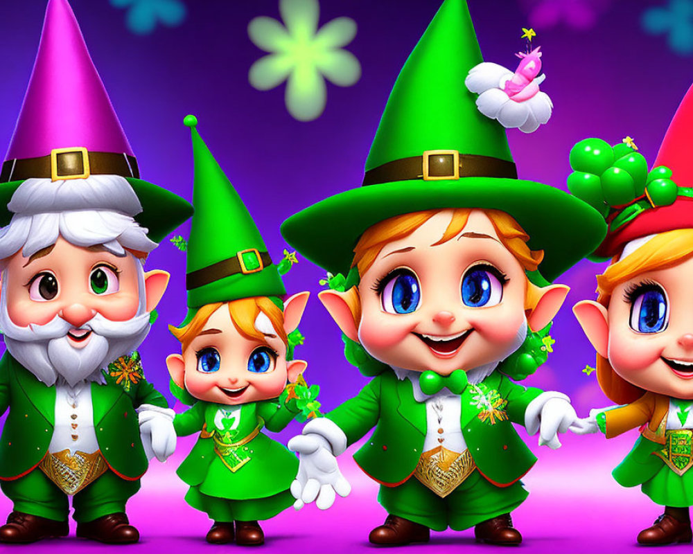 Four animated leprechauns in green outfits with clover accents on purple background, one with white