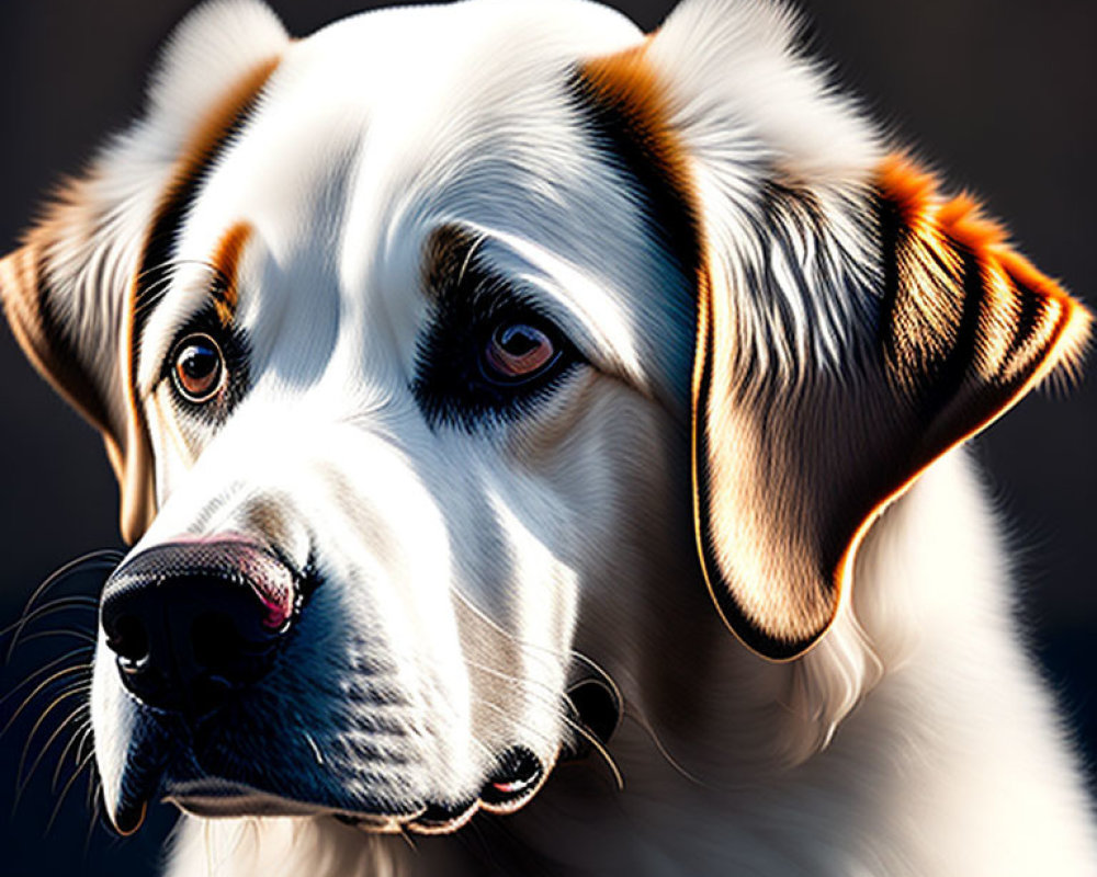 White and Tan Dog with Soulful Eyes and Black Nose in Warm Sunlight