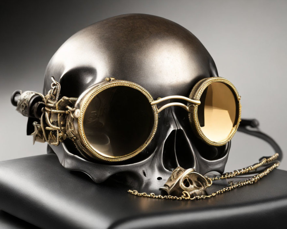 Metallic Skull with Steampunk Goggles on Gray Background