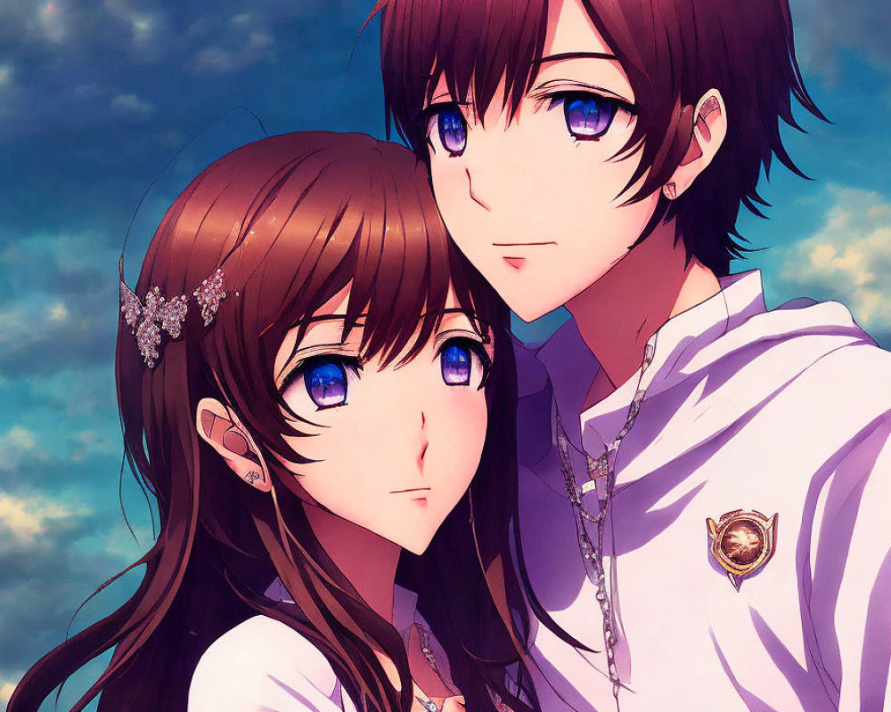 Anime characters with large expressive eyes, male with short hair and female with long hair, close together under