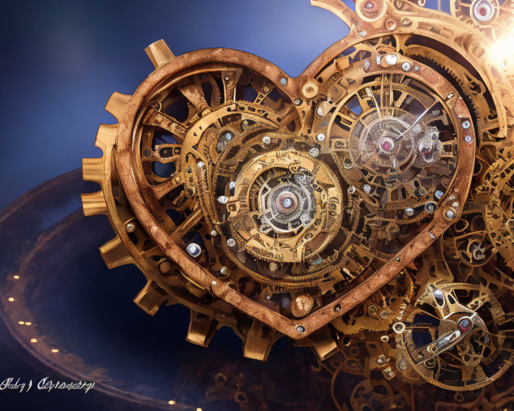 Steampunk-style heart with gears and cogs on celestial-mechanical backdrop